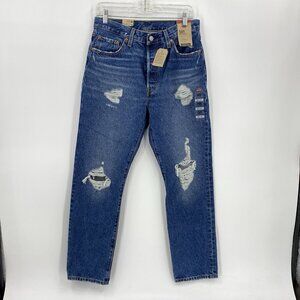 Levis 501 Original Straight Leg Medium Wash Jeans High Distressed Denim 29 x 30